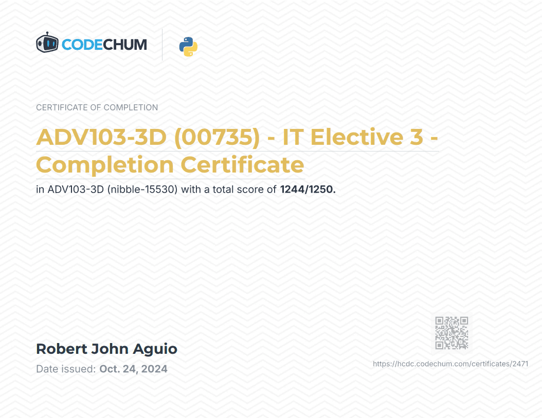 ADV103-3D IT Elective 3 — Completion Certificate