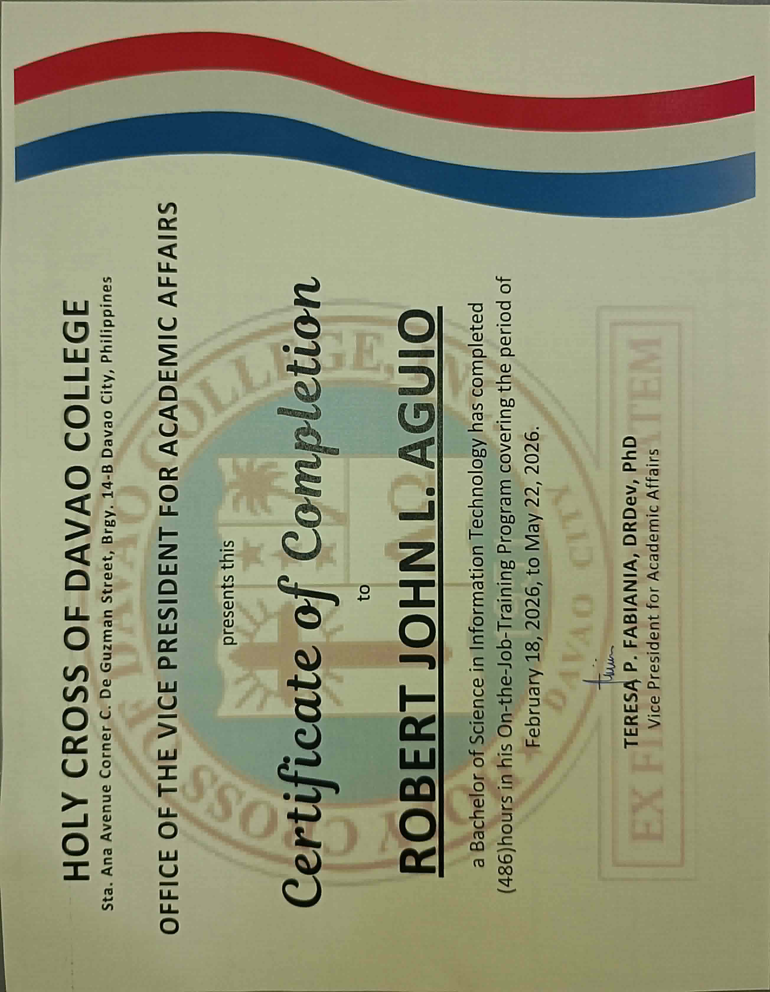 OJT Certificate of Completion — Practicum (486 hours)